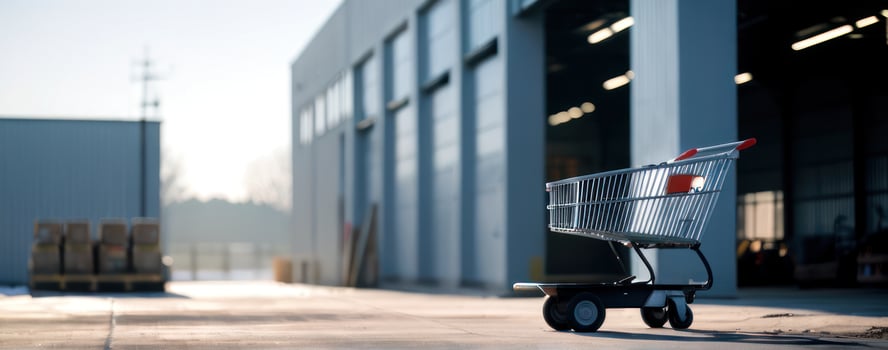 A shopping cart in front of an industrial building photo