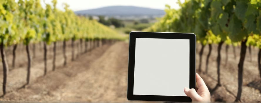 Hand holding tablet pc with blank screen in vineyard background stock photo