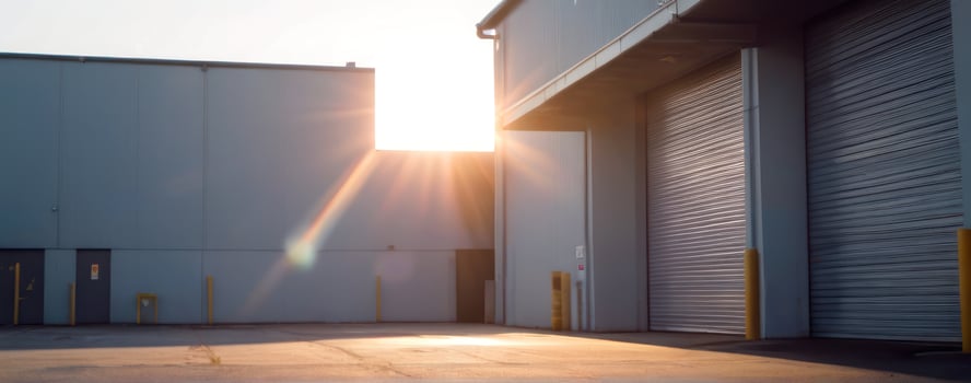 The sun shines through a warehouse door photo