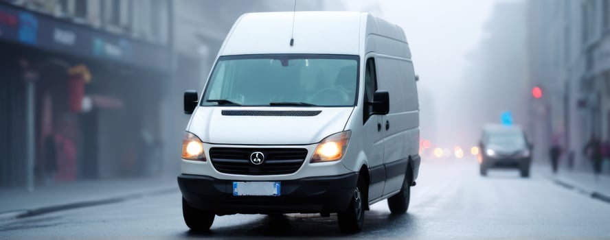 A white van driving down the street in the fog photo