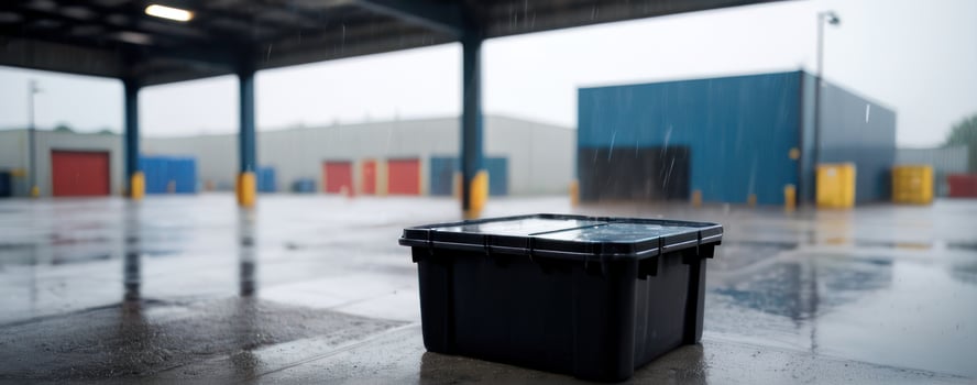 A black trash can sits in the rain in an industrial warehouse photo