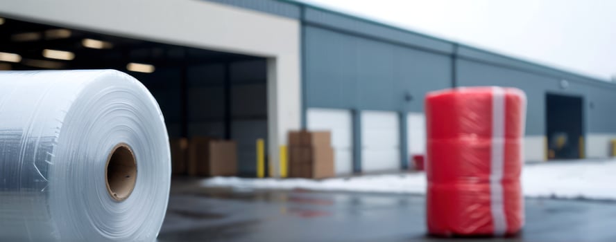 A roll of plastic wrap in front of an industrial building photo