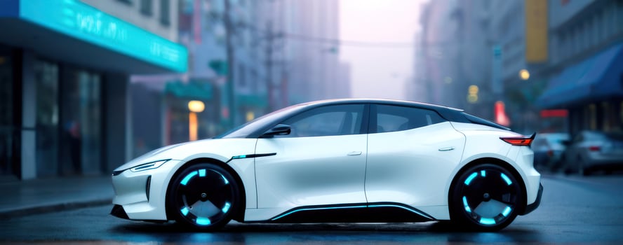 A white futuristic car is parked on the street photo