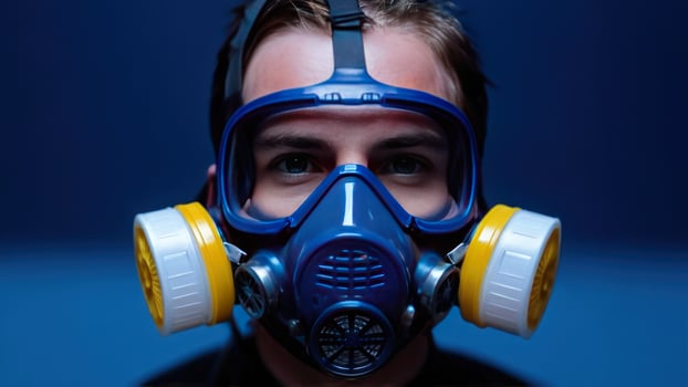 Man wearing a gas mask on blue background photo