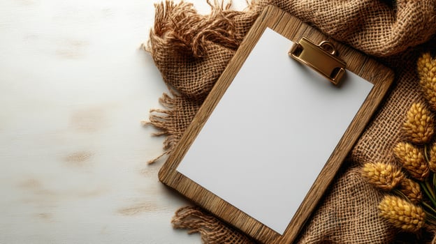 A blank clipboard surrounded by burlap and dried flowers, ready for creativity photo