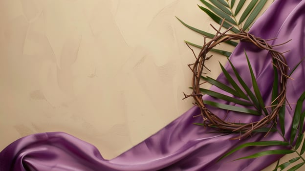 Top view crown of thorns with palm leaf and purple fabric on a beige copy space background photo