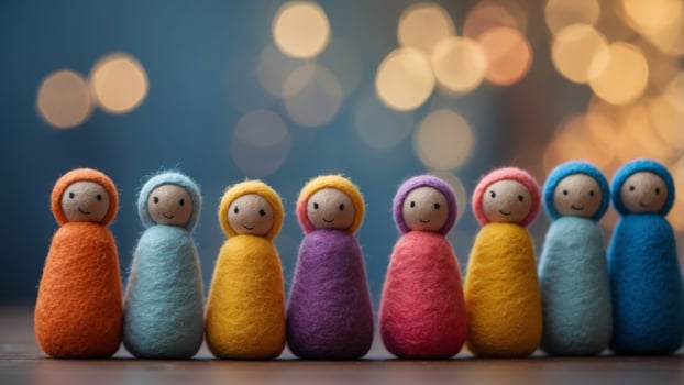 Colorful felt dolls arranged in a row with blue background. photo