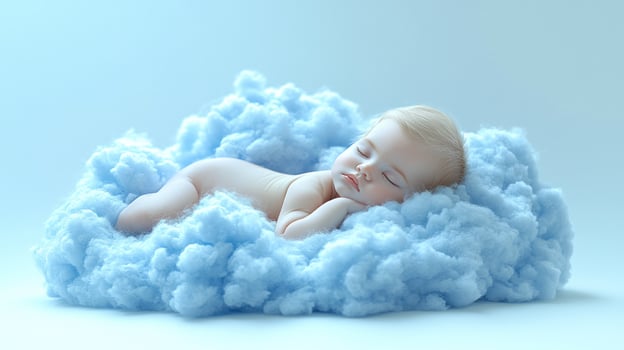 A tranquil baby enjoys deep sleep on fluffy blue clouds, radiating peace and innocence photo