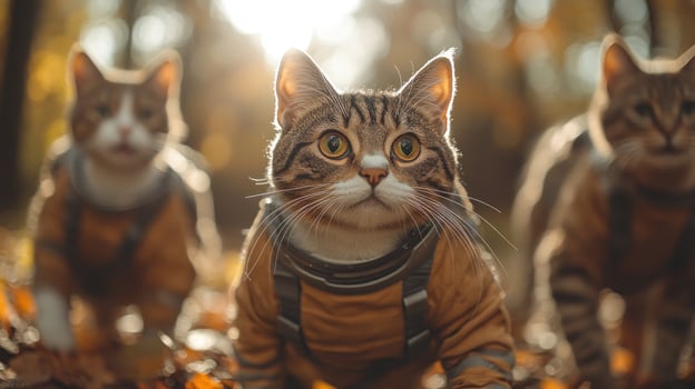 Curious feline astronauts venture through a colorful, leaf-strewn woodland photo
