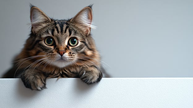 A playful tabby cat gazes intently over a white ledge photo