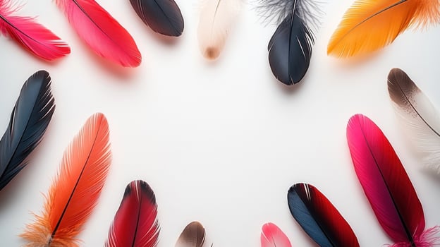 Colorful feathers spread out gracefully in a circular arrangement photo