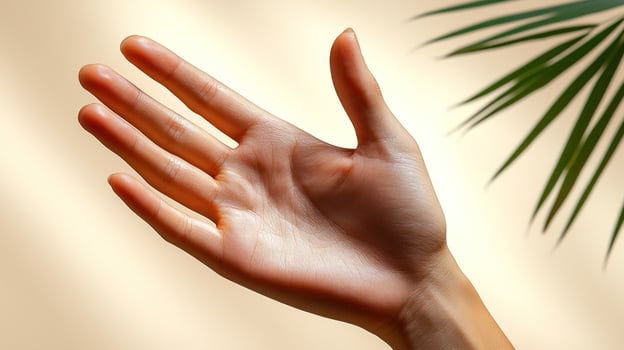 A hand stretches upward, inviting warmth from the soft light and greenery photo