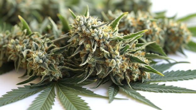 Freshly harvested cannabis buds rest gracefully on vibrant leaves photo