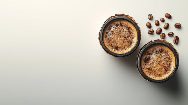 Two rustic cups of coffee beside scattered coffee beans on a smooth surface photo
