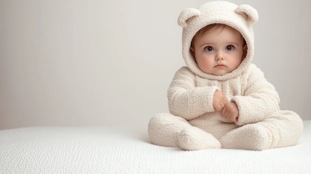 A curious child dressed as a teddy bear sits on a soft surface photo