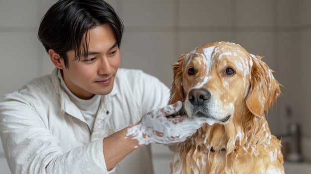 A man happily bathes a golden retriever covered in suds indoors photo