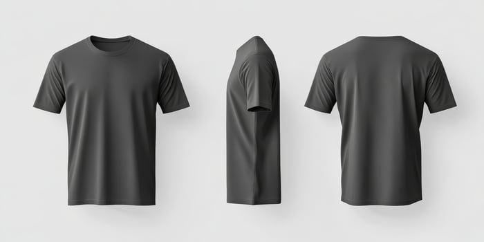 This stylish black tshirt mockup offers front, side, and back views, ideal for showcasing your casual apparel designs on highquality fabric for any clothing brands promotional efforts photo