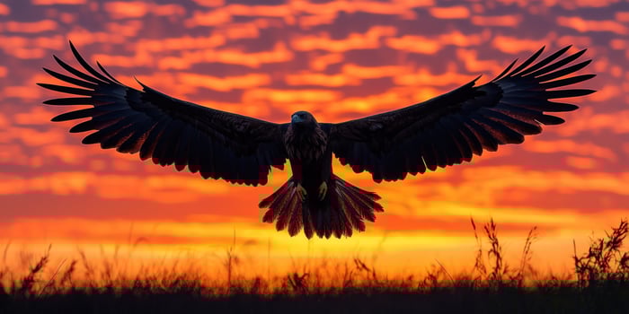 Silhouette of an Eagle Soaring Against a Fiery Sunset Sky photo