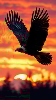 Silhouette of a Bald Eagle Flying Against a Fiery Sunset photo