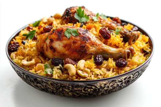 Close-Up of Chicken Biryani with Cashews and Raisins photo