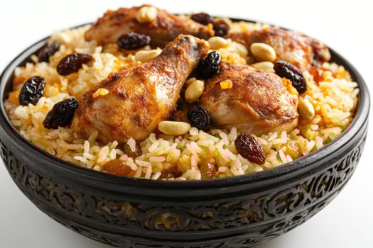 Chicken and Rice Dish with Raisins and Nuts in a Carved Bowl photo