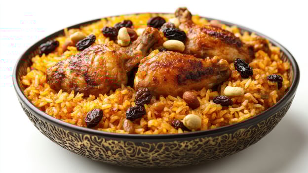 Bowl of Chicken and Rice with Raisins and Nuts photo