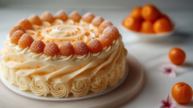 A beautifully decorated cake topped with citrus fruits and creamy swirls photo