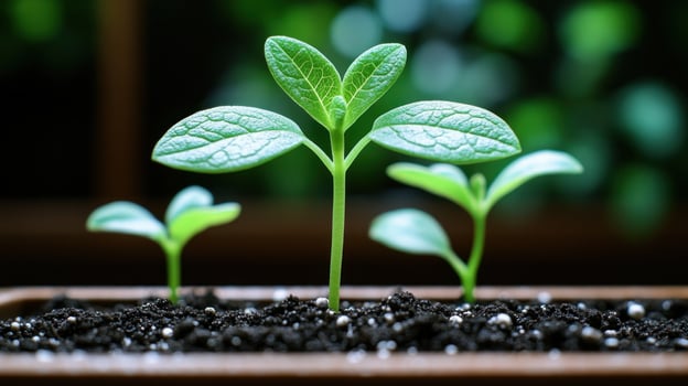 Fresh seedlings thrive in rich soil under soft natural light photo
