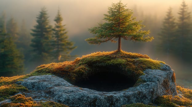 A solitary tree stands triumphantly atop a mossy stone in the morning mist photo