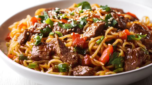 Close-up of Beef and Noodle Stir-Fry with Sesame Seeds, Green Onions, and Bell Peppers photo