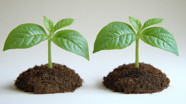 Newly sprouted plants thrive in rich, dark soil under warm sunlight photo