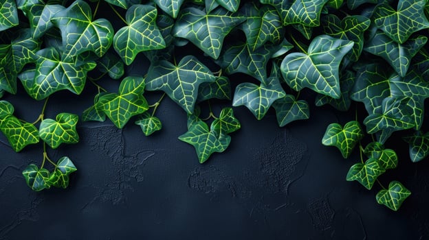 Vibrant green ivy leaves flourish against a textured dark background photo