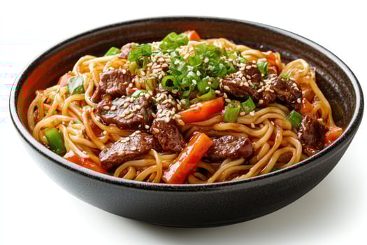 Bowl of Noodles with Beef, Vegetables, and Sesame Seeds photo