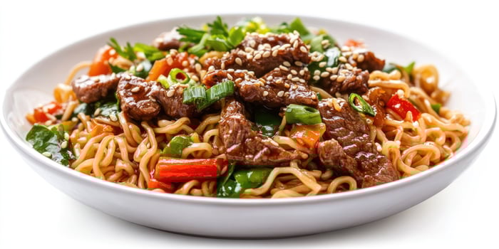 Beef and Vegetable Stir-Fry Noodles with Sesame Seeds photo