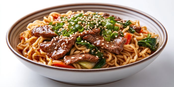 Beef and Noodle Stir Fry with Sesame Seeds and Green Onions photo