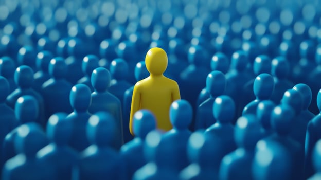 Amidst a sea of blue figures symbolizing the workforce, a vibrant yellow figure stands out, representing the ongoing search for the perfect candidate in recruitment and talent selection photo
