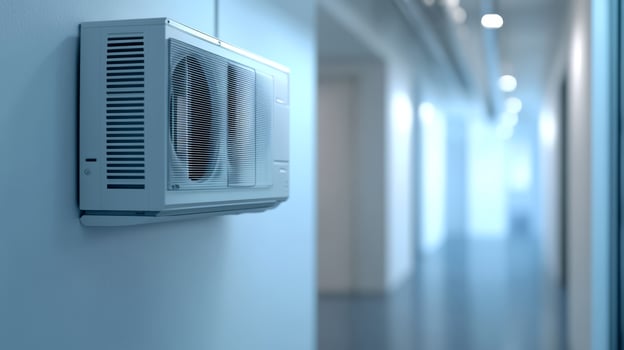 An innovative HVAC system has been installed in a building hallway, providing efficient cooling and heating solutions, ensuring optimal temperature control and comfort for all occupants photo