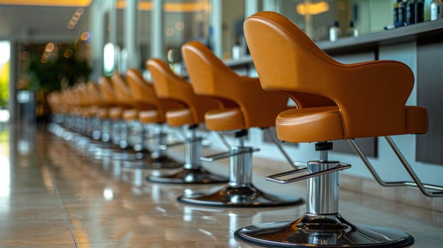 Stylish orange salon chairs line up under warm, inviting lighting photo