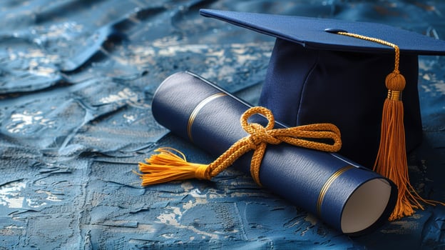 A blue graduation cap rests beside a neatly rolled diploma tied with gold cord photo