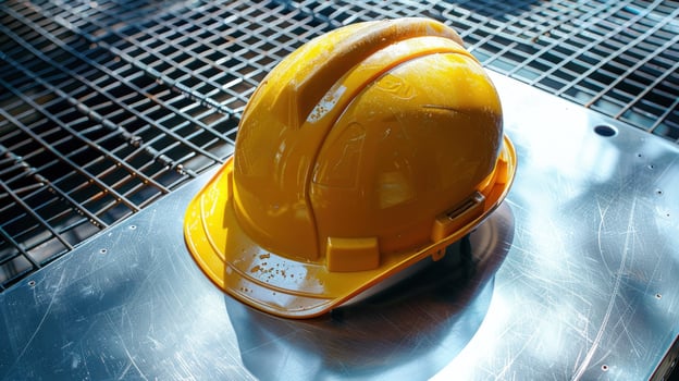 A hard hat lies on a gleaming steel surface, bathed in soft morning light photo