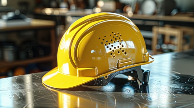 A sturdy hard hat rests on a shiny work surface in a bustling workshop photo