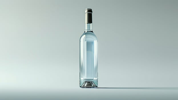 An empty glass bottle stands upright on a white surface photo