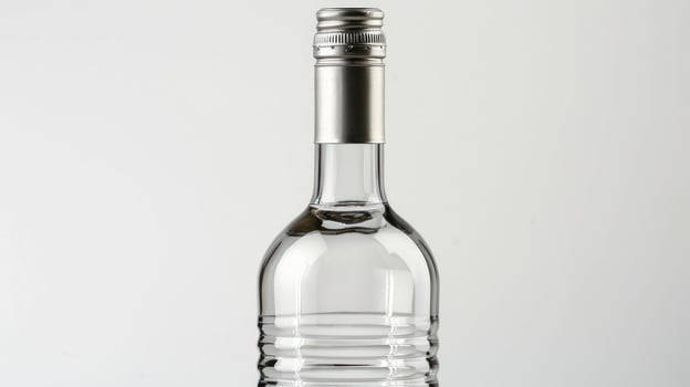 A clear glass bottle with a silver cap and ridges stands upright on a white surface photo
