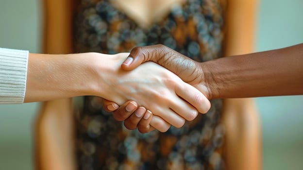 Two individuals shake hands, their diverse skin tones symbolizing unity and connection photo