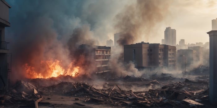 Dramatic Urban Destruction Scene with Collapsed Buildings and Heavy Smoke in a Modern Cityscape. photo
