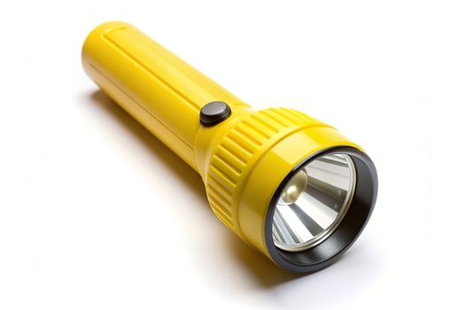 safety, bright, concept, portable, illumination,yellow, aerial, object, equipment, white background, tool, utility, power, technology, Yellow flashlight isolated on white background photo
