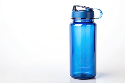 white background, secure lid, eye level, eco friendly, reusable,blue, Blue reusable water bottle with secure lid on white background photo
