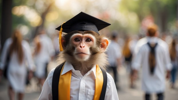 Monkey Wearing Graduation Cap and White Shirt. photo