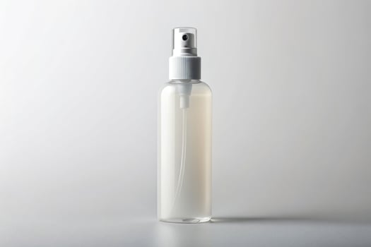 white, cosmetics, bottle, design, minimalistic, mock-up, presentation, light background, product, personal care, template, Cosmetic spray bottle mockup on a light background high angle photo