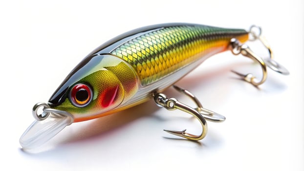 fishing supply, fishing industry,fishing lure, fish bait, white background, lure bait, Fishing lure isolated on white a wobbler in three colors captured from a tilted angle photo